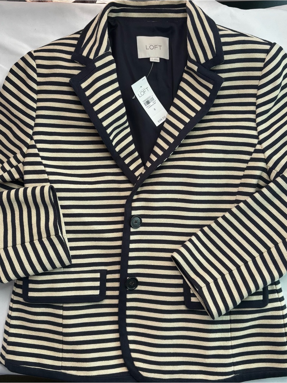 LOFT Navy and Cream Striped Knit Blazer